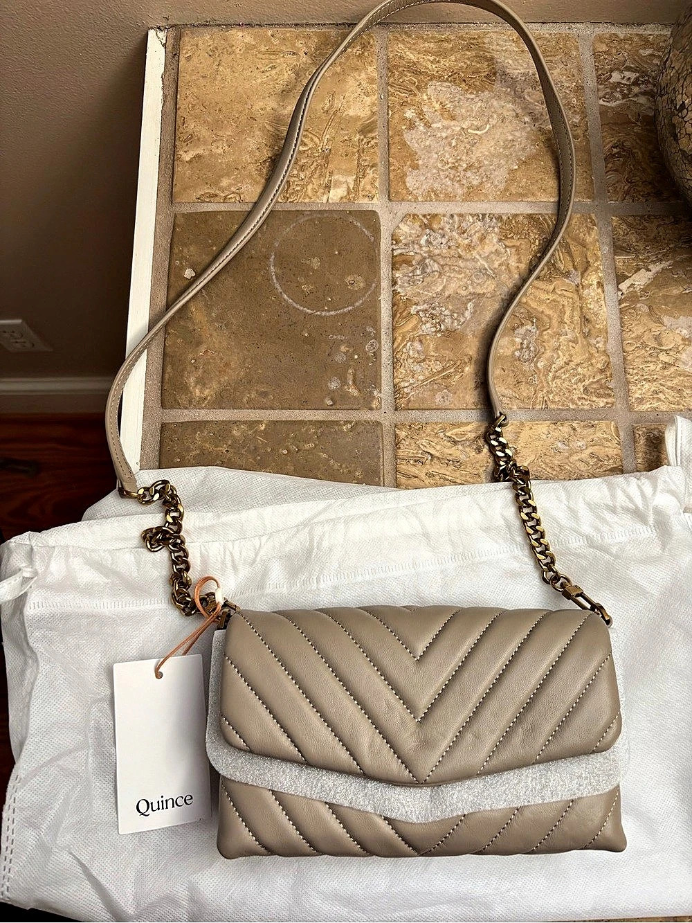 Quince Italian Leather Quilted Convertible Crossbody Bag Taupe & Gold